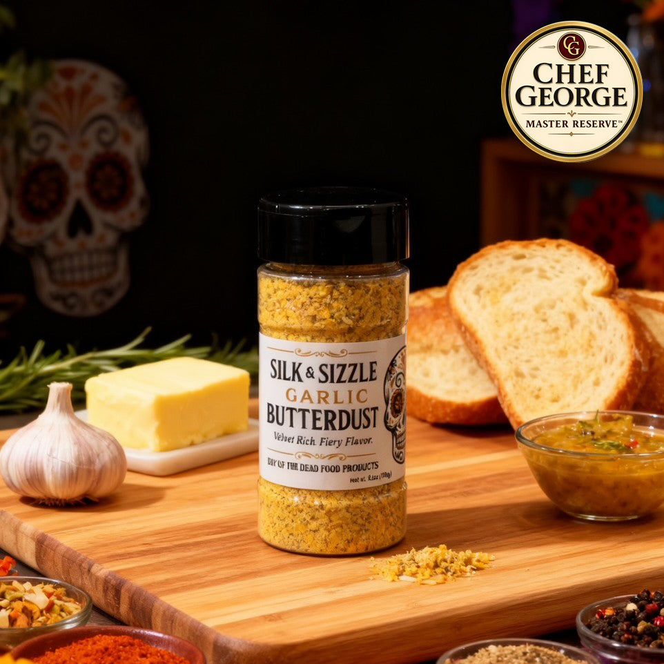 Silk and Sizzle Butterdust rub surrounded by some of the ingredients like garlic, butter, etc.  with Chef's george's master reserve seal